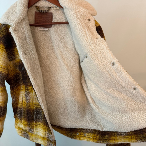Men's Levi's Premium Plaid Sherpa Lined Jacket M Brown Yellow - Picture 9 of 10